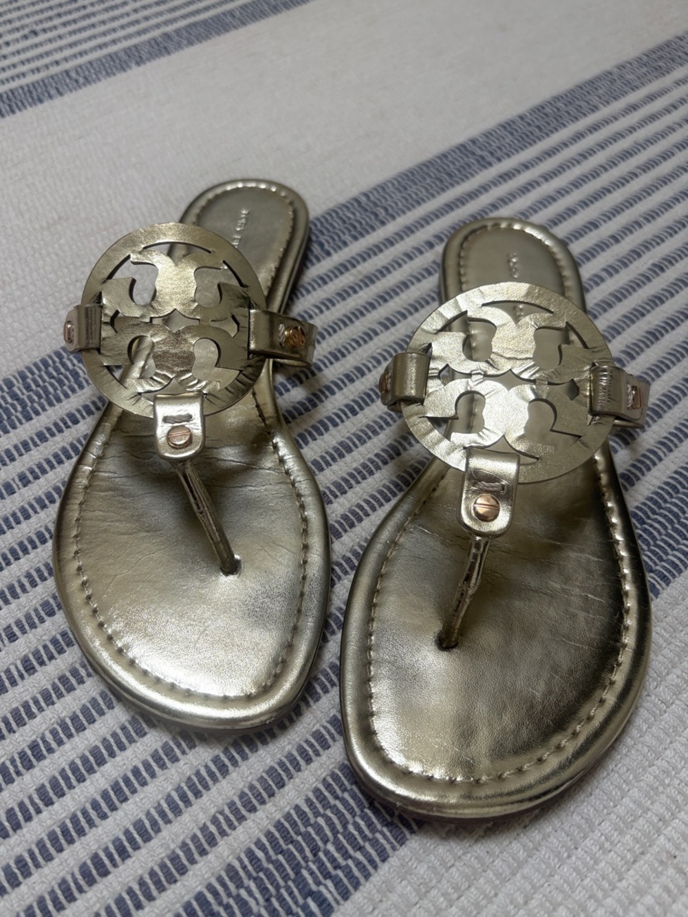 Tory Burch Metallic Gold Logo Thong Sandals with Cutout Emblem